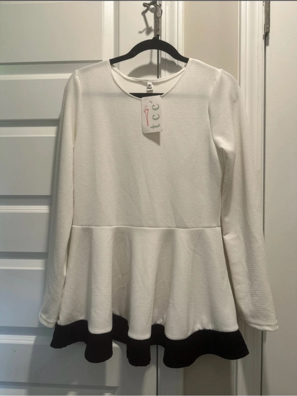 ONE/SIZE White Textured Peplum Top with Black Ruffle Hem